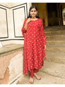 GULABI DORI - Women Red Cotton Printed Kurta with Pant and Dupatta