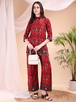 BERRYLICIOUS - Women Red Rayon Geometric Co-Ord Set