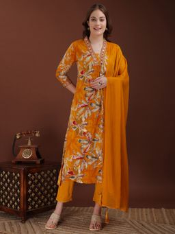 BERRYLICIOUS - Women Mustard Rayon Floral Kurta with Pant and Dupatta
