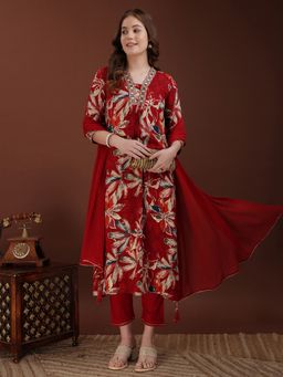 BERRYLICIOUS - Women Red Rayon Floral Kurta with Pant and Dupatta