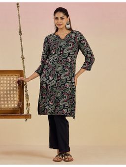 Lakshita - Women Black Rayon Slub Embroidered Kurta with Pant