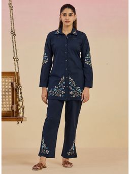 Lakshita - Women Navy Blue Cotton Embroidered Co-Ord Set