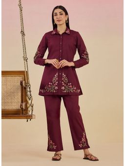 Lakshita - Women Wine Cotton Embroidered Co-Ord Set