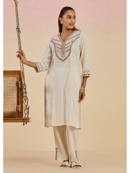 Lakshita - Women Ivory Cotton Flex Embroidered Kurta with Pant
