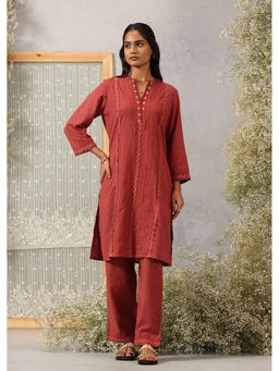 Lakshita - Women Rust Cotton Slub Embroidered Co-Ord Set