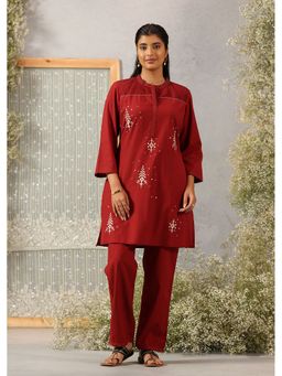 Lakshita - Women Maroon Cotton Slub Embroidered Co-Ord Set