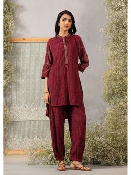 Lakshita - Women Maroon Rayon Slub Stripes Co-Ord Set