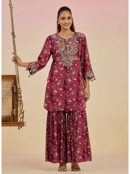 Lakshita - Women Wine Rayon Printed Kurti with Sharara