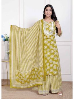 Miravan - Women Yellow Cotton Floral Kurta with Palazzo and Dupatta