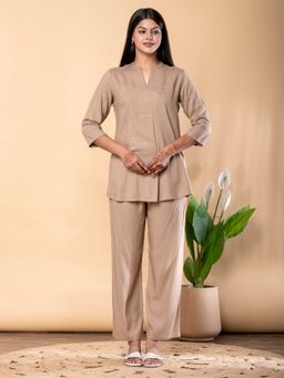Readiprint - Women Beige Linen Solid Co-Ord Set