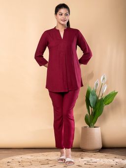 Readiprint - Women Maroon Linen Solid Co-Ord Set