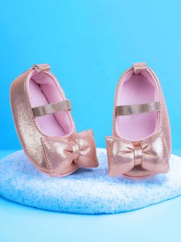 Baby Moo - Partywear Shiny Bow Elastic Strap Anti-Skid Ballerina Booties Pink