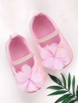 Baby Moo - Embellished Flower Patent Leather Slip-On Anti-Skid Ballerina Booties Pink