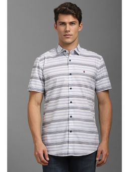 Louis Philippe - Men White Slim Fit Stripe Half Sleeves Casual Shirt