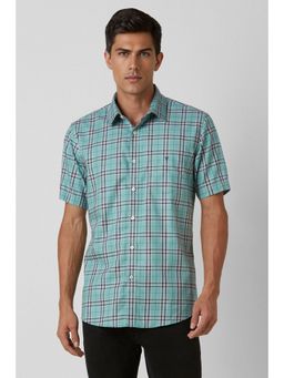 Van Heusen - Men Turquoise Slim Fit Checks Half Sleeves Casual Shirt