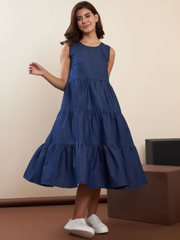 StyleStone - Women Blue Lose Fit Tiered Denim Dress