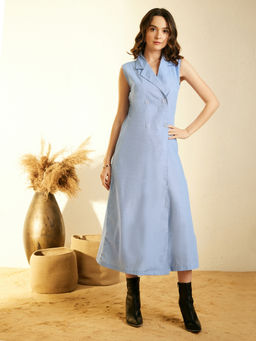 StyleStone - Women Blue Cotton Dress with Lapel
