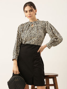 SHOWOFF - Women Printed Cream Dress with Front Slit