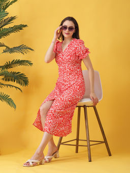 ANVI Be Yourself - Orange Printed Crepe V Neck Short Puff Sleeve A-Line Midi Dress