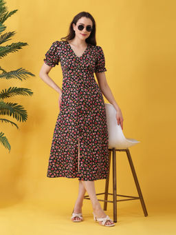 ANVI Be Yourself - Floral Printed Black Crepe V Neck Short Puff Sleeve A-Line Midi Dress