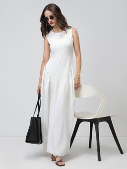 SHOWOFF - Women White Round Neck Sleeveless Fit and Flare Dress