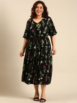 THE PINK MOON - Black Botanical Print Dress