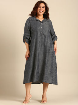 THE PINK MOON - Navy Blue Tencel Striped A-Line Shirt Dress