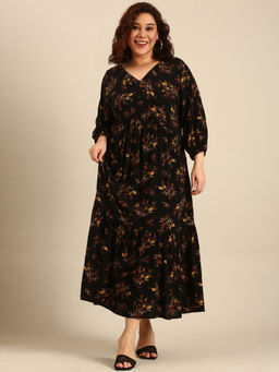 THE PINK MOON - Black Leaf Print Alia-Cut Tiered Dress