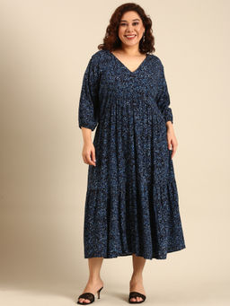 THE PINK MOON - Navy Blue Print Alia-Cut Tiered Dress