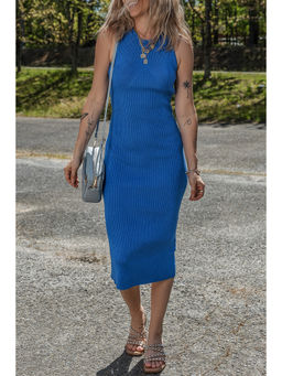 Errabelly - Dark Blue Solid Ribbed Knit Sheath Sleeveless Midi Sweater Dress
