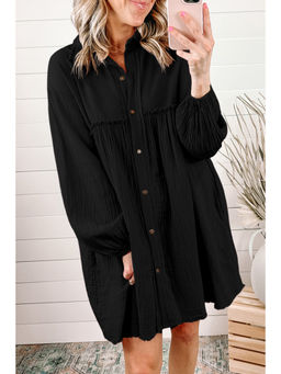 Errabelly - Black Patchwork Crinkle Puff Sleeve Shirt Dress