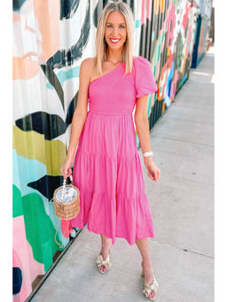 Errabelly - Strawberry Pink Asymmetric Puff Sleeve Smocked Bodice Tiered Midi Dress