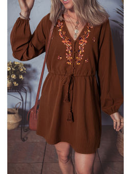 Errabelly - Brown Floral Embroidered Tassel Tie Waist Long Sleeve Mini Dress