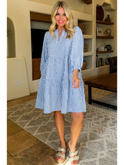 Errabelly - Sky Blue Stripe Bracelet Sleeve Tiered Shift Dress