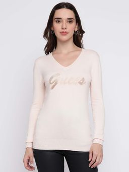Guess - Women Light Pink Embellished V-Neck Full Sleeve Sweater
