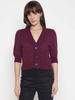 Guess - Women Wine Solid V-Neck Cardigan