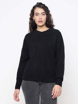 Guess - Serena Yarn Jet Black Cable Knit Round Neck Regular Fit Pullover Sweater