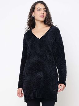 Guess - Talia Tender Chenille Jet Black Fuzzy Knit V-Neck Regular Fit Pullover Sweater