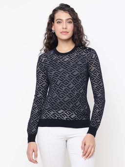 Guess - Chelsea Chole Yarn Jet Black Textured Round Neck Regular Fit Pullover Sweater