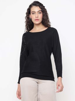 Guess - Leslie Basic Stretch Jet Black Embellished Graphic Pullover Sweater