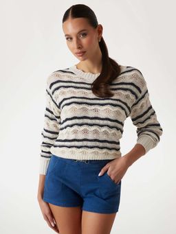 Guess - Women's White Striped Round Neck Long Sleeves Sweater