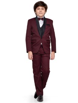 Jeetethnics - Boys Maroon Coat Suit With Waistcoat Shirt And Trousers (Set of 5)