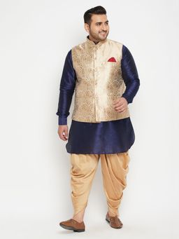 Vastramay - Men Navy Blue Silk Blend Jacket Kurta Pyjama