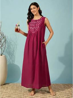 The Kaftan Company - Women Magenta Sleeveless Cotton Nightdress with Ikat Print Yoke