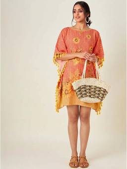 The Kaftan Company - Women Orange Sunflower Print Short Kaftan with Tassel Trim