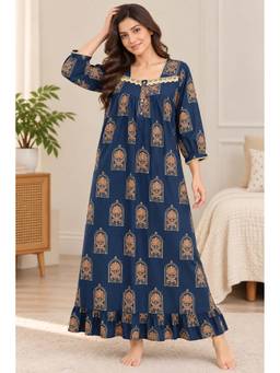 SEPHANI - Women Cotton Nighty - Navy Blue