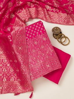 Koskii - Pink Art Silk Zari Unstitched Kurta with Unstitched Bottom and Dupatta Set of 3