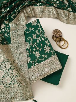 Koskii - Green Polyester Crepe Zari Unstitched Kurta with Unstitched Bottom and Dupatta Set of 3