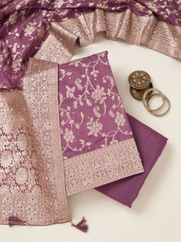 Koskii - Purple Polyester Crepe Zari Unstitched Kurta with Unstitched Bottom and Dupatta Set of 3