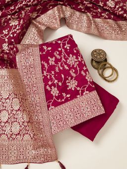 Koskii - Red Polyester Crepe Zari Unstitched Kurta with Unstitched Bottom and Dupatta Set of 3